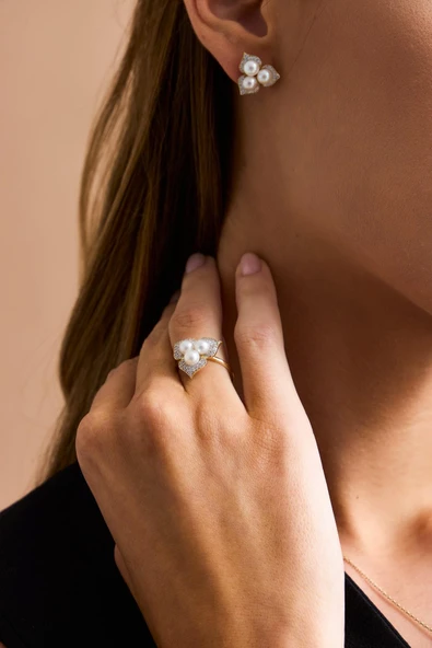 5,5 mm Zirkon Taşlı Doğal İnci Yüzük ürün görseli 1