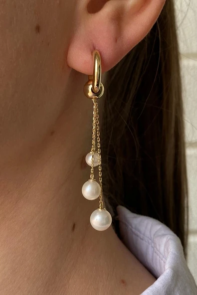 7,5 mm Küçük Halkalı Doğal İnci Sallantılı Küpe - Resim 3