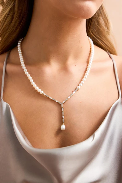 6,5 mm Baget Zirkon Taşlı Doğal İnci Kolye