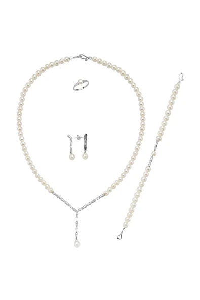 6,5 mm Baget Zirkon Taşlı Doğal İnci Küpe Kolye Bileklik Yüzük Dörtlü Set - 7