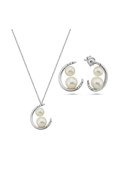 6,5 mm Çift Doğal İncili Küpe Kolye İkili Set - 6
