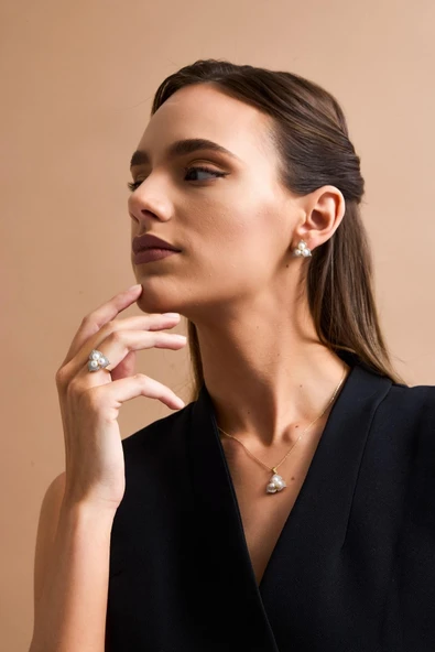 5 mm Zirkon Taşlı Doğal İncili Küpe Kolye Yüzük Üçlü Set