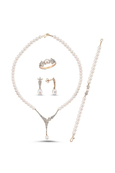 6,5 mm Zirkon Taşlı Doğal İnci Küpe Kolye Bileklik Yüzük Dörtlü Set - 6