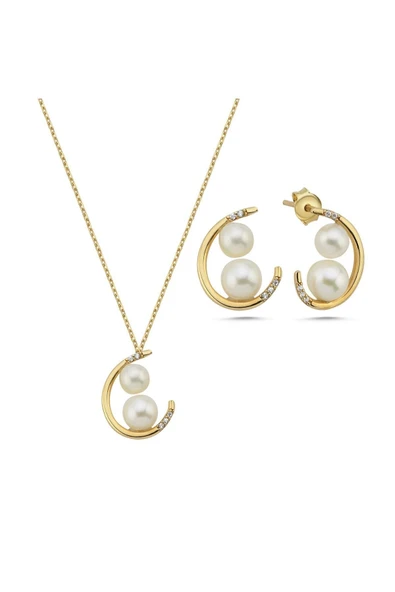 6,5 mm Çift Doğal İncili Küpe Kolye İkili Set - 7