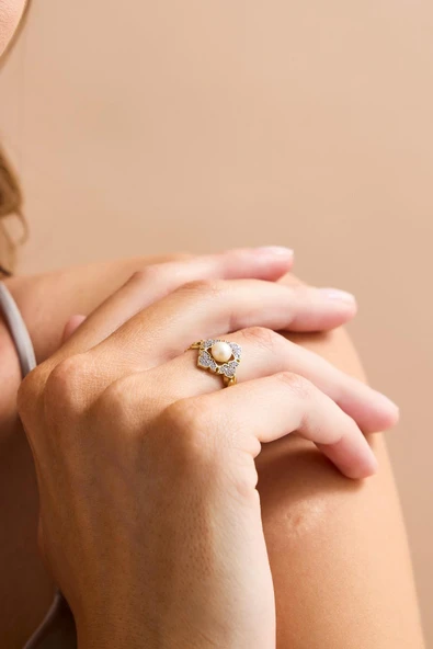 6,5 mm Baget Taşlı Doğal İnci Yüzük