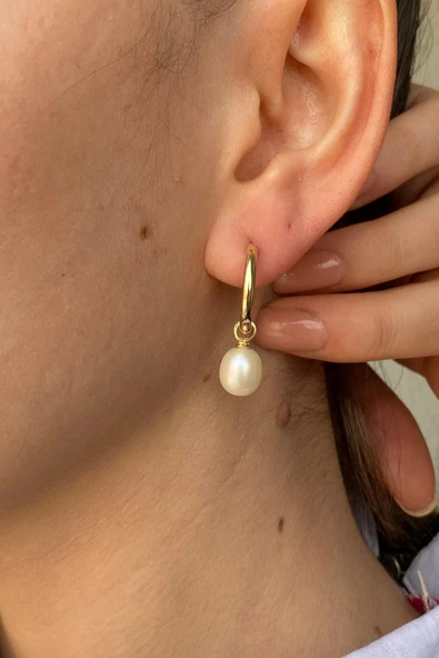 8,5 mm Doğal İnci Sallantılı Küpe - 4