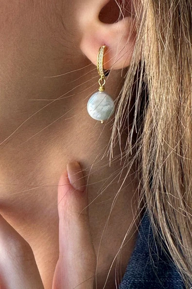 Zirkon Taşlı Yassı Doğal İnci Küpe - Resim 2