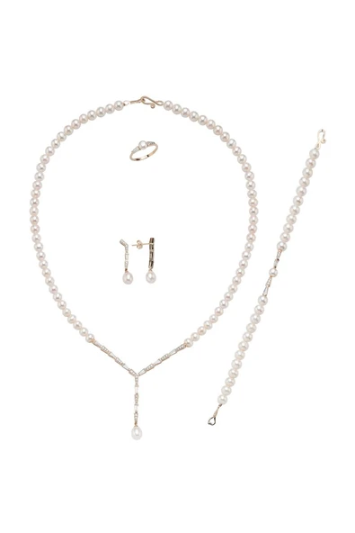 6,5 mm Baget Zirkon Taşlı Doğal İnci Küpe Kolye Bileklik Yüzük Dörtlü Set - 6