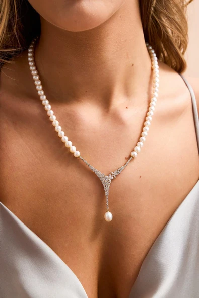 6,5 mm Zirkon Taşlı Doğal İnci Küpe Kolye Bileklik Yüzük Dörtlü Set - 3