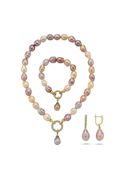 10,5 mm Halka Kilitli Multicolor Barok Doğal İnci Küpe Kolye Bileklik Üçlü Set - 4