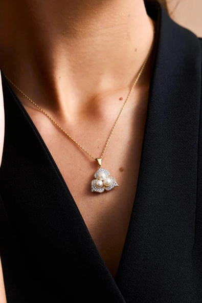 5 mm Zirkon Taşlı Doğal İncili Küpe Kolye Yüzük Üçlü Set - 2