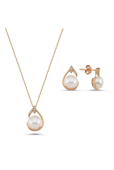 6,5 mm Damla Doğal İnci Küpe Kolye İkili Set - 6