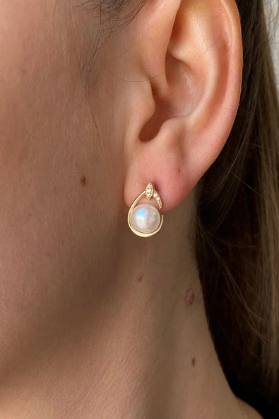 6,5 mm Zirkon Taşlı Doğal İnci Küpe ürün görseli 1