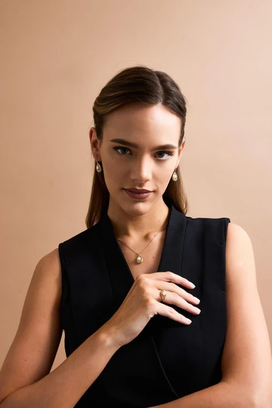 6,5 mm Doğal İncili Küpe Kolye Yüzük Üçlü Set - 2