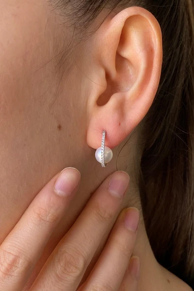 8,5 mm Zirkon Taşlı Doğal İnci Küpe ürün görseli 1