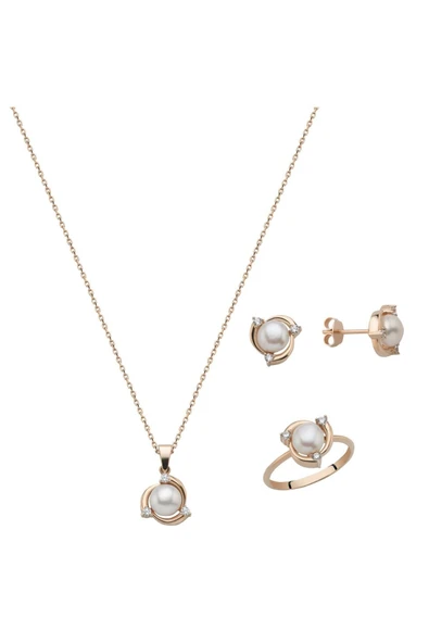 6,5 mm Zirkon Taşlı Doğal İnci Küpe Kolye Yüzük Üçlü Set - 6