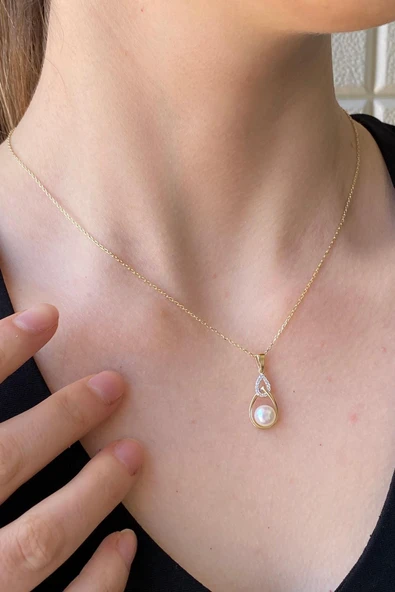 6,5 mm Zirkon Taşlı Damla İçinde Doğal İnci Kolye - Resim 3