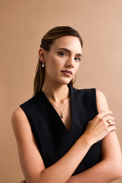 9,5 mm Ampul Modelli Doğal İncili Küpe Kolye Yüzük Üçlü Set