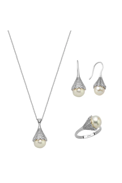 9,5 mm Ampul Modelli Doğal İncili Küpe Kolye Yüzük Üçlü Set - 7