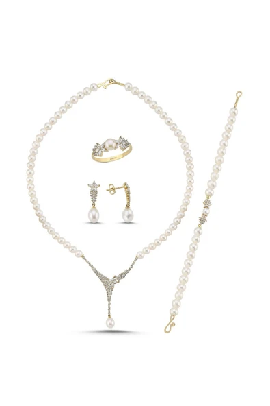 6,5 mm Zirkon Taşlı Doğal İnci Küpe Kolye Bileklik Yüzük Dörtlü Set - 8