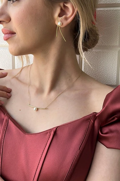 7,5 mm Doğal İncili Küpe Kolye İkili Set - 2