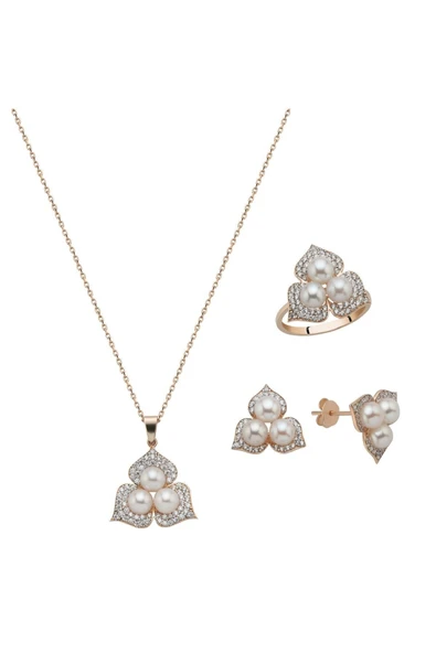 5 mm Zirkon Taşlı Doğal İncili Küpe Kolye Yüzük Üçlü Set - 8