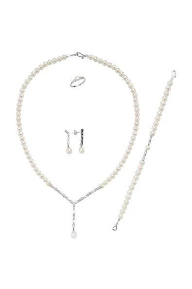 6,5 mm Baget Zirkon Taşlı Doğal İnci Küpe Kolye Bileklik Yüzük Dörtlü Set - 10