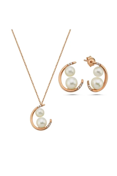 6,5 mm Çift Doğal İncili Küpe Kolye İkili Set - 8