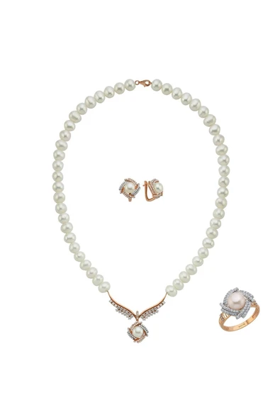 6,5 mm Rüzgar Gülü Doğal İnci Küpe Kolye Yüzük Üçlü Set - 6