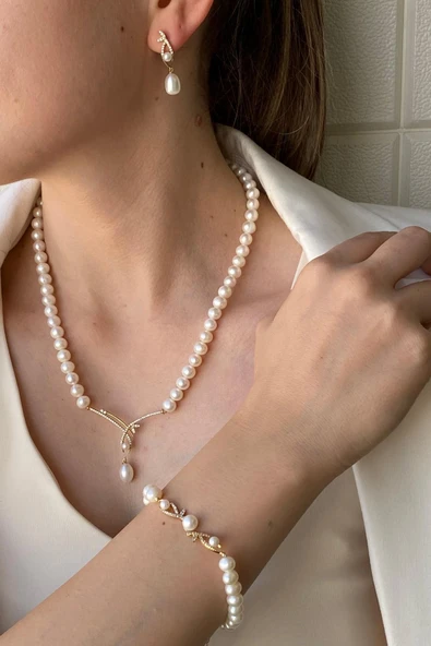 6,5 mm Yaprak Taşlı Doğal İncili Küpe Kolye Bileklik Üçlü Set