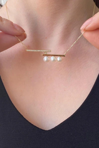 6,5 mm Üç Doğal İncili Kolye - Resim 2