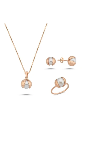 10,5 mm Doğal İnci Küpe Kolye Yüzük Üçlü Set - 6