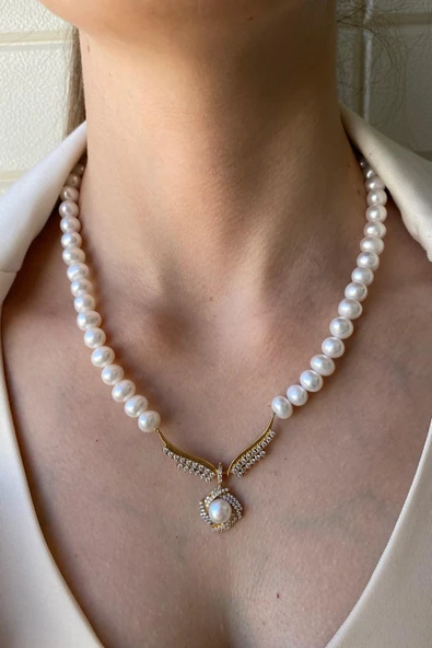 6,5 mm Rüzgar Gülü Doğal İnci Küpe Kolye Yüzük Üçlü Set - 2