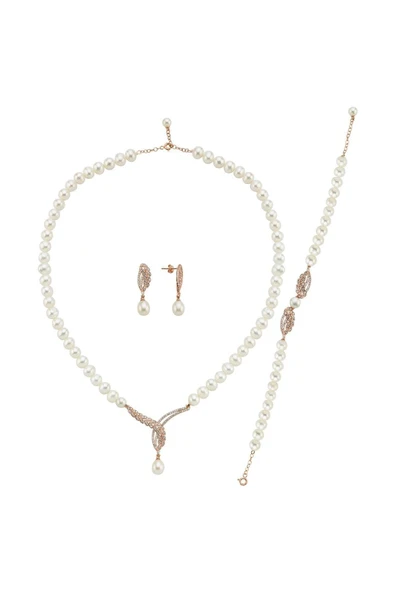 6,5 mm Yaprak Taşlı Doğal İnci Küpe Kolye Bileklik Üçlü Set - 8