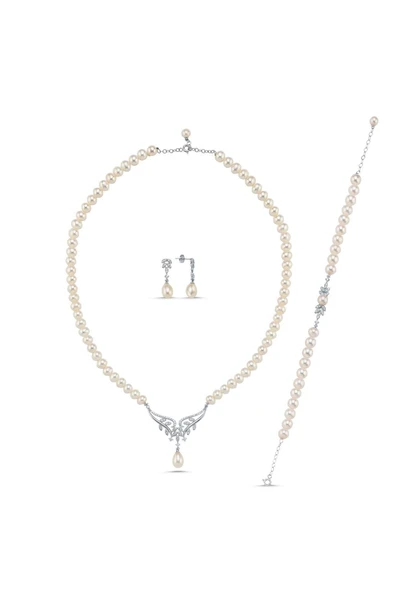 6,5 mm Yaprak Taşlı Doğal İnci Küpe Kolye Bileklik Üçlü Set - 7