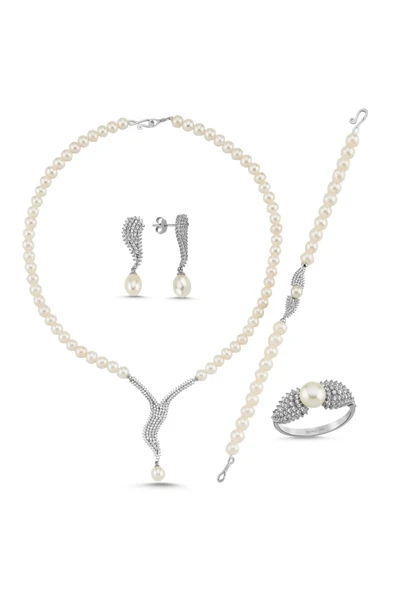 6,5 mm Su Yolu Taşlı Doğal İnci Küpe Kolye Bileklik Yüzük Dörtlü Set - 10