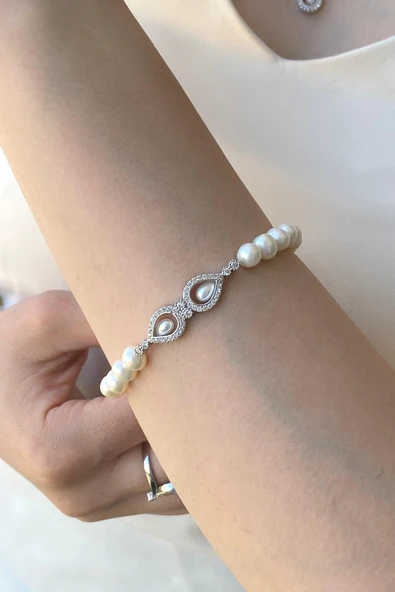 7,5 mm Zirkon Taşlı Doğal İncili Kadın Bileklik - 2