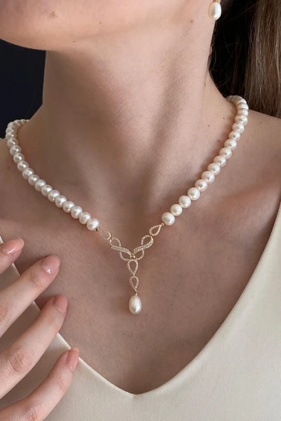 6,5 mm Sonsuzluk Taşlı Doğal İnci Küpe Kolye Bileklik Üçlü Set - 2