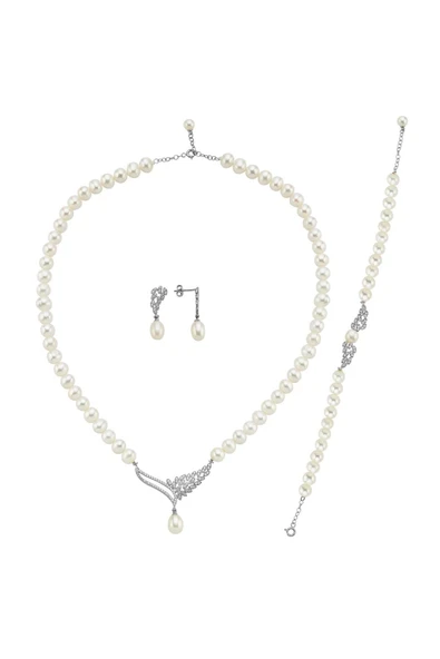 6,5 mm Yaprak Taşlı Doğal İnci Küpe Kolye Bileklik Üçlü Set - 4