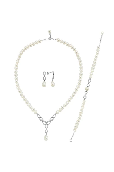 6,5 mm Sonsuzluk Taşlı Doğal İnci Küpe Kolye Bileklik Üçlü Set - 7