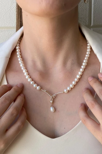 6,5 mm Yaprak Taşlı Doğal İncili Küpe Kolye Bileklik Üçlü Set - Resim 2