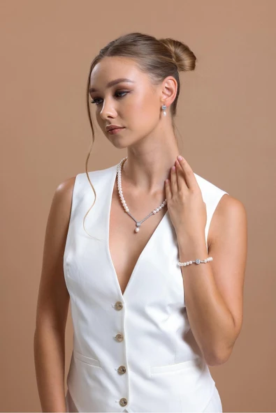 6,5 mm Baget Doğal İnci Küpe Kolye Bileklik Üçlü Set - 4