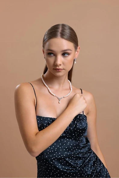 6,5 mm Taşlı Doğal İnci Sallantılı Küpe Kolye İkili Set - 3