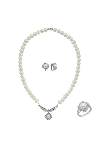 6,5 mm Rüzgar Gülü Doğal İnci Küpe Kolye Yüzük Üçlü Set - 7