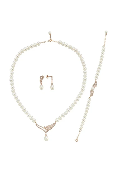 6,5 mm Yaprak Taşlı Doğal İnci Küpe Kolye Bileklik Üçlü Set - 6