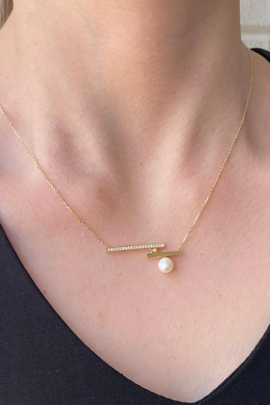 6,5 mm Doğal İnci Zirkon Taşlı Kolye - Resim 3