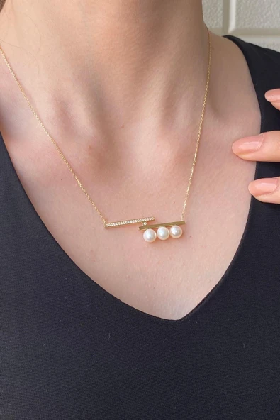 6,5 mm Üç Doğal İncili Kolye - Resim 3