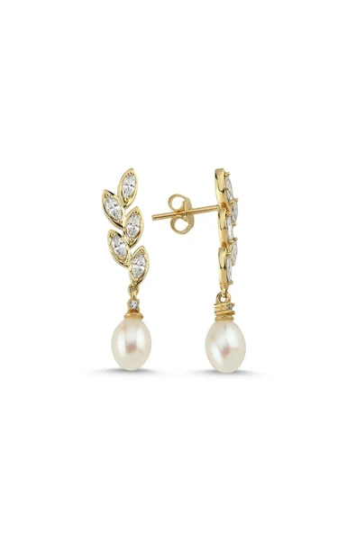 6,5 mm Doğal İnci Yaprak Taşlı Küpe - Resim 2