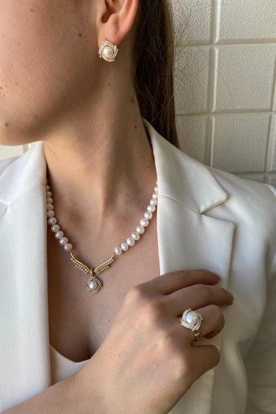 6,5 mm Rüzgar Gülü Doğal İnci Küpe Kolye Yüzük Üçlü Set