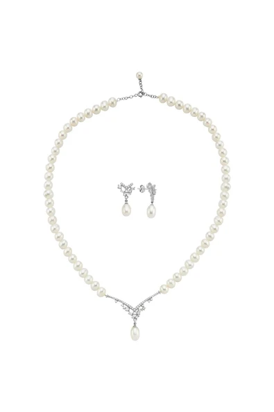 6,5 mm Taşlı Doğal İnci Sallantılı Küpe Kolye İkili Set - 8